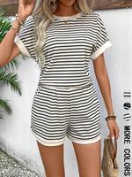 Two-piece Set Women's Striped Print Batwing Sleeve Tee & Shorts, Casual Round Neck Shortsleeve Top & Shorts for Summer, Ladie...