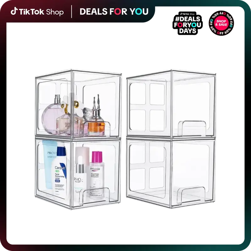 Vtopmart 4 Pack Stackable Makeup Organizer Storage Drawers, Acrylic Bathroom Organizers，Clear Plastic Storage Bins For Vani...