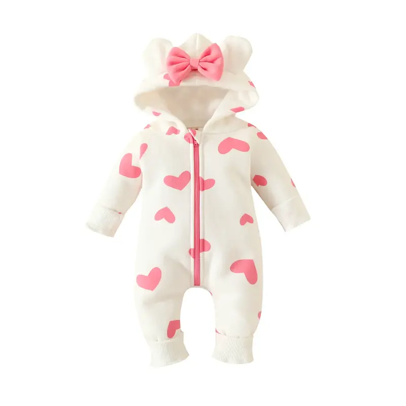 Newborn Baby Girl Hooded Jumpsuit Heart Cow Zip Up Long Sleeve Infant  Romper Snowsuit Valentines Day Outfit