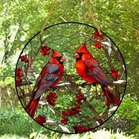 Cardinal Bird Design Hanging Decor, Round Acrylic Art Decorative Hanging Ornament, Wall Decor for Home Living Room Bedroom, H...