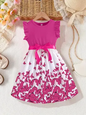 Girl's Butterfly Print Ruffle Trim Dress, Cute Casual Crew Neck Dress for Summer, Kids Clothes for Daily Wear