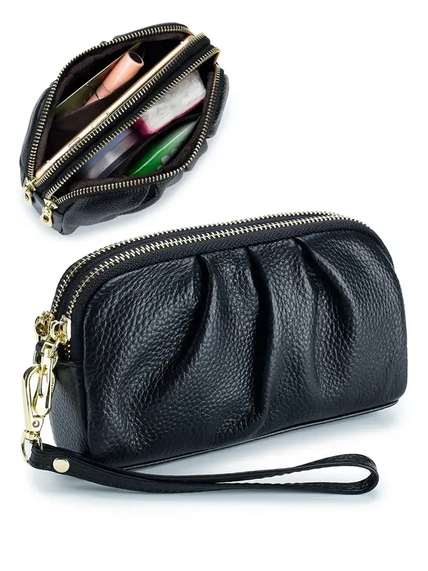 Genuine Leather Plicated Detail Women's Solid Color Wristlet, Fashionable Zipper Money Saving Wallet for Daily Used, Casual T...