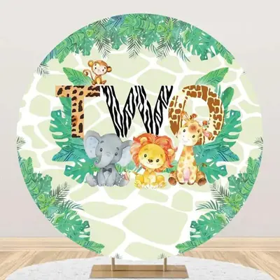 Round Safari Two Wild Animal Birthday Party Backdrop - Aperturee