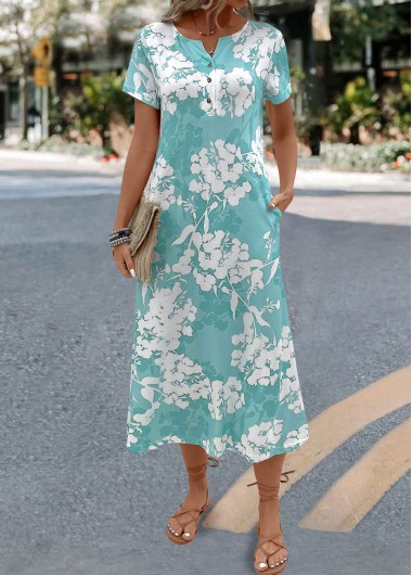Modlily Mint Green Floral Print A Line Short Sleeve Dress - S