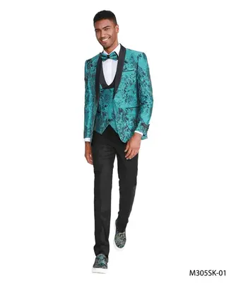 Tazio Men's 3 Piece Skinny Fit Suit Black Shawl Lapel Suit with Slim Cut Pants