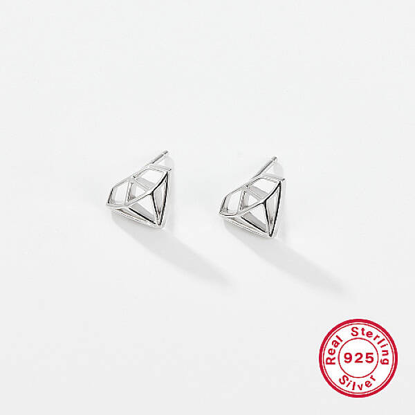Anti-Tarnish Diamond Shaped Rhodium Plated 925 Sterling Silver Stud Earrings for Women