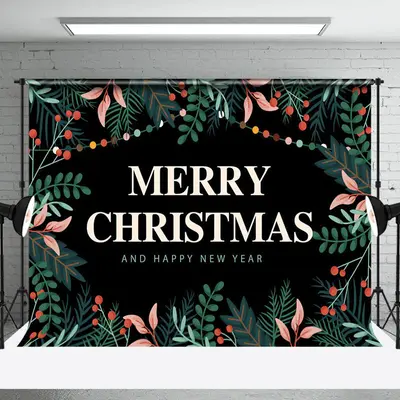 Greenery Black Merry Christmas Happy New Year Backdrop - Aperturee