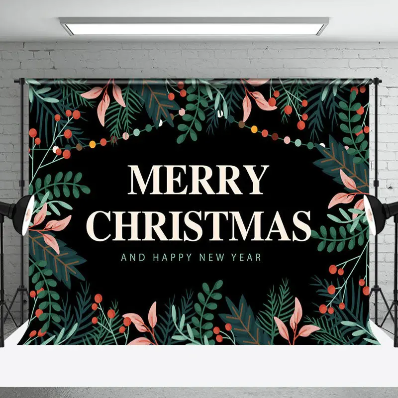 Greenery Black Merry Christmas Happy New Year Backdrop - Aperturee