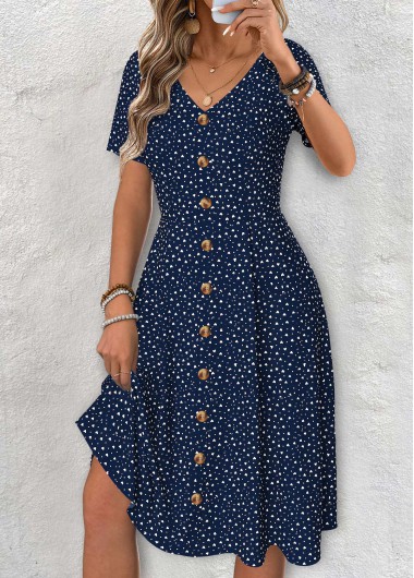 Modlily Navy Polka Dot Short Sleeve V Neck Dress - L