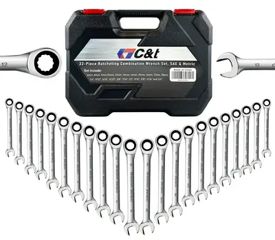 C&T 22-Piece Original Ratcheting Combination Wrench Set, SAE & Metric, 72 Teeth, CR-V Steel, Includes 1/4\