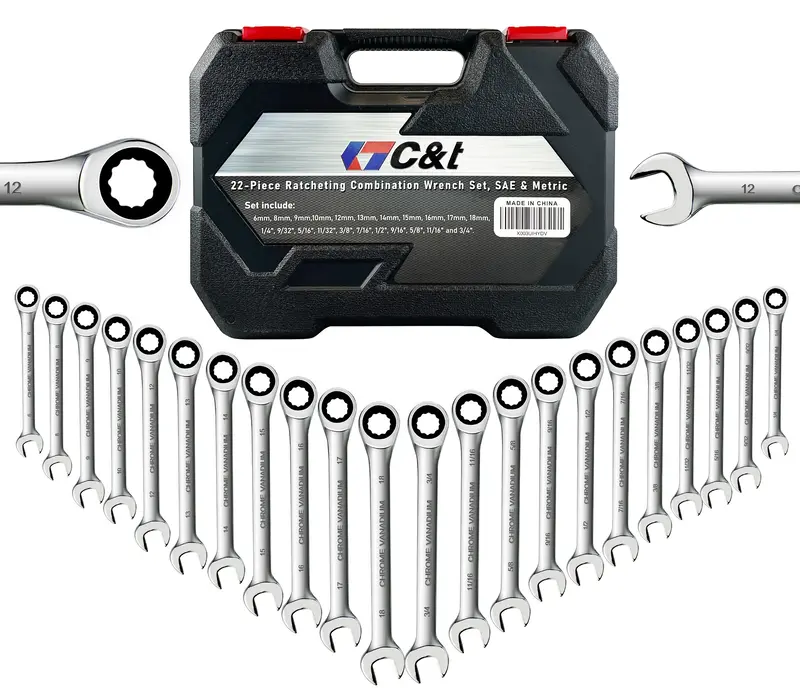 C&T 22-Piece Original Ratcheting Combination Wrench Set, SAE & Metric, 72 Teeth, CR-V Steel, Includes 1/4\