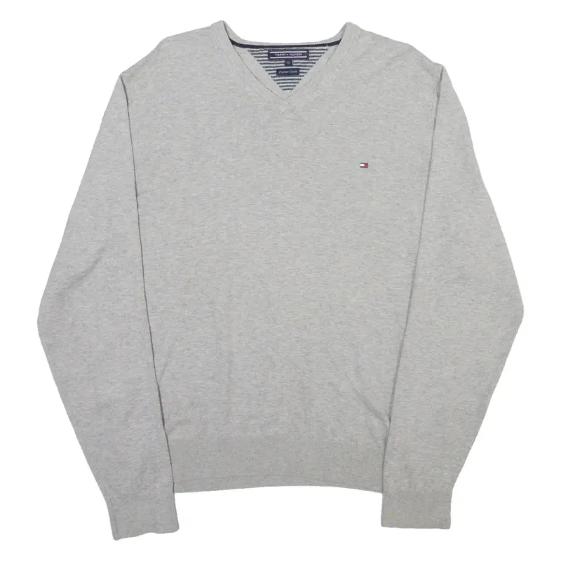 TOMMY HILFIGER Lightweight Mens Jumper Grey V-Neck Tight Knit XL