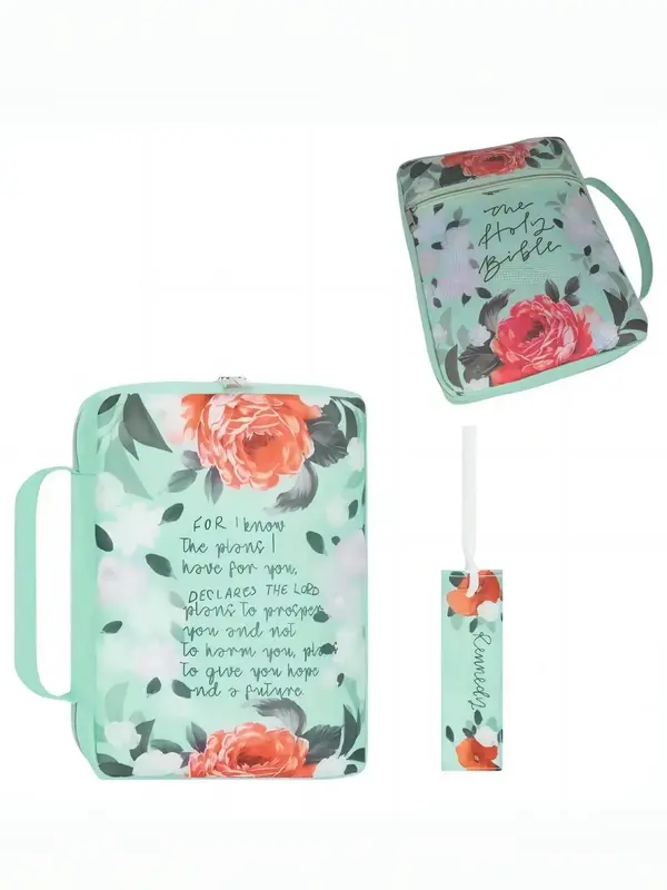 Floral & Slogan Pattern Book Cover Case,  Bible Book Carrying Bag, Bible Protective Case with Handle, Zipper Design Travel...