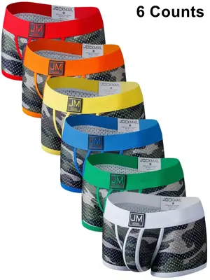 Men's Camo Print Contrast Binding Boxer Brief, Breathable Comfy Underwear Undergarments for Daily Wear, Casual Camouflage Men...