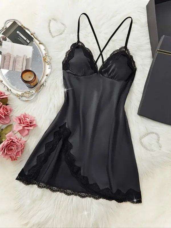 Women's Leopard / Plain Print Contrast Lace Criss Cross Backless Cami Nightdress , Elegant Sexy Sleepwear for Women , Ladies ...