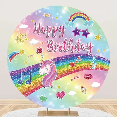 Colorful Rainbow Unicorn Round Birthday Backdrop - Aperturee