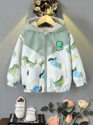 Boy's Cartoon Dinosaur Print Zip Up Hooded Jacket, Cute Casual Long Sleeve Outerwear for Spring & Fall, Kids Clothes for Dail...