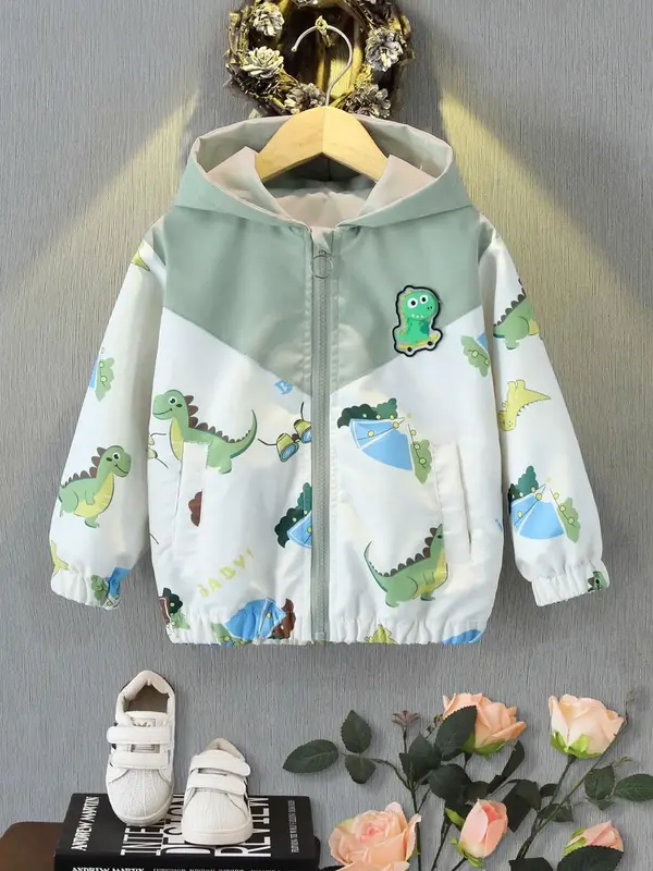 Boy's Cartoon Dinosaur Print Zip Up Hooded Jacket, Cute Casual Long Sleeve Outerwear for Spring & Fall, Kids Clothes for Dail...