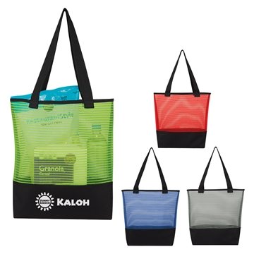 25 Custom Sheer Mesh Pinstripe Tote Bag - 600D Polyester