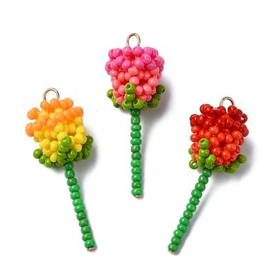 3Pcs Glass Seed Beaded Rose Pendants