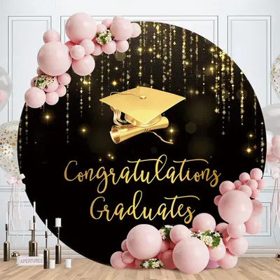 Gold Glitter Bokeh Round Black Graduation Backdrop - Aperturee