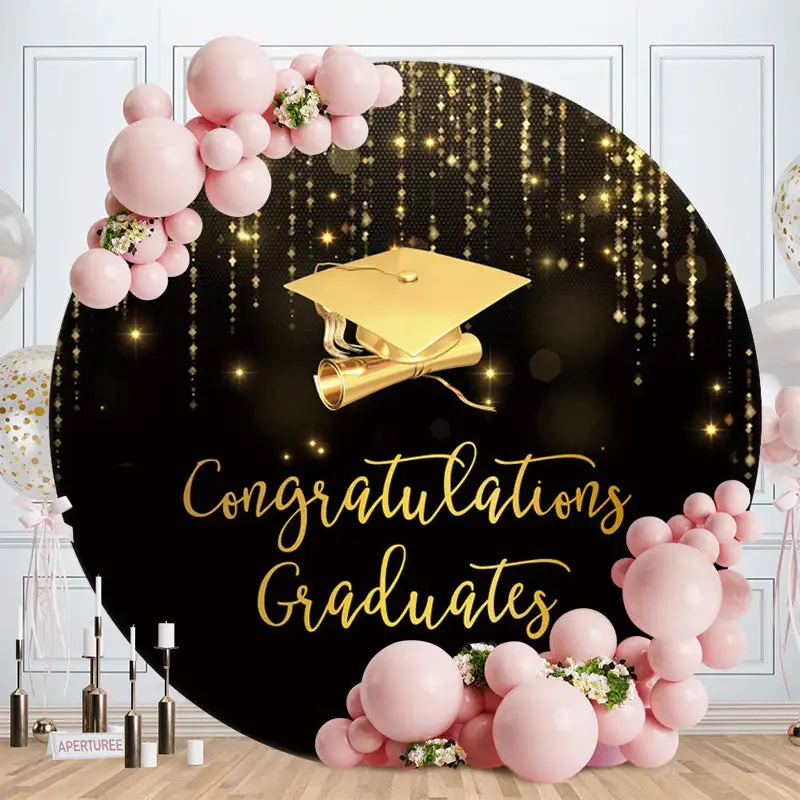 Gold Glitter Bokeh Round Black Graduation Backdrop - Aperturee