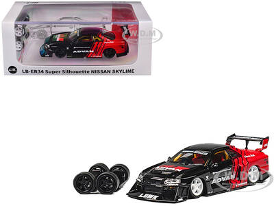 Nissan Skyline LB-ER34 Super Silhouette RHD (Right Hand Drive) ADVAN Black and Red with Extra Wheels 1/64 Diecast Model Car b...