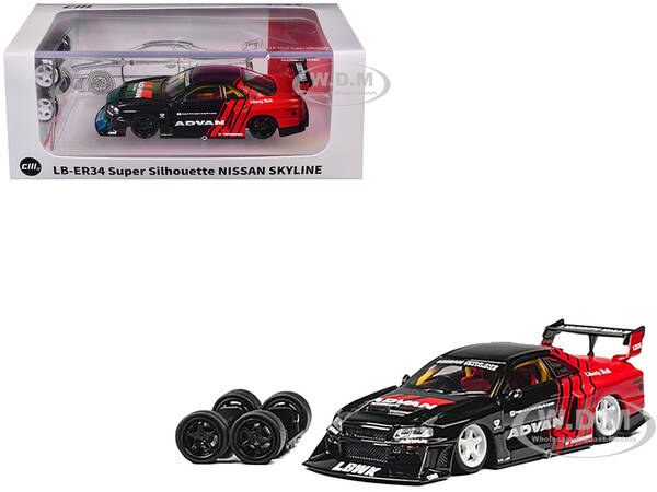 Nissan Skyline LB-ER34 Super Silhouette RHD (Right Hand Drive) ADVAN Black and Red with Extra Wheels 1/64 Diecast Model Car b...