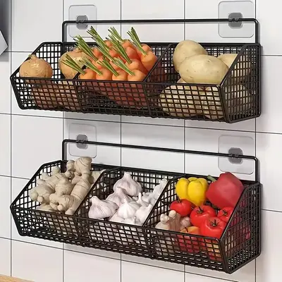 Wall Mounted Kitchen Storage Rack, 1 Count Multifunctional Kitchen Storage Basket, Durable Vegetable Storage Basket for Kitch...
