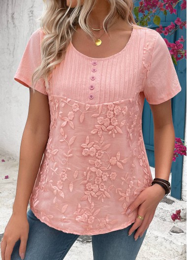 Modlily Light Pink Tuck Stitch Short Sleeve Round Neck Blouse - M