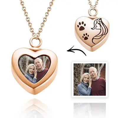 Sterling Silver with Rose Gold Plated Paw & Personalized Photo Urn Necklace for Ashes