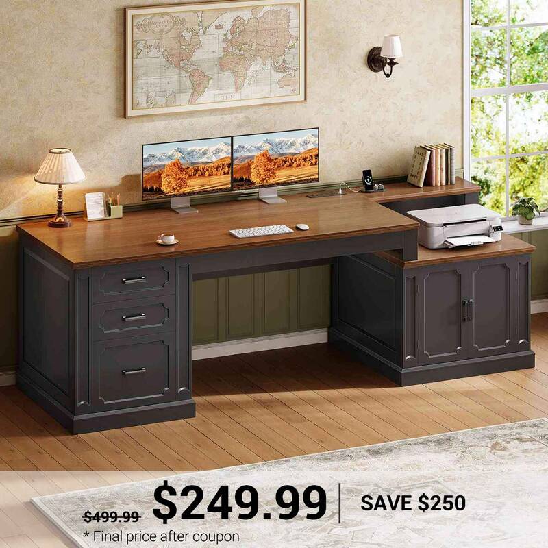 SEDETA ® 70.9 Inch Vintage Computer Desk with Printer Stand Power Outlet, Farmhouse Executive Home Office Desk, File Drawers...