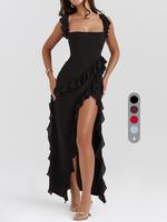 Women's Plain Ruffle Hem Split Thigh Dress, Elegant Chic Sleeveless Long Dress for Party Club Dating Wear, Ladies Summer Clot...