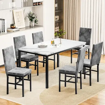 Dinner Table for 6, Faux Marble Dining Room Table Set with Velvet Dining Chairs, 7 Piece Dining Table Set Modern Kitchen Tabl...