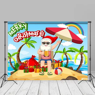 Rainbow Beach Santa Merry Christmas In July Backdrop - Aperturee