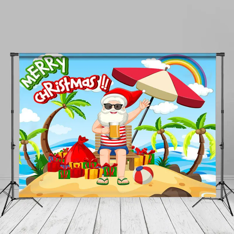 Rainbow Beach Santa Merry Christmas In July Backdrop - Aperturee