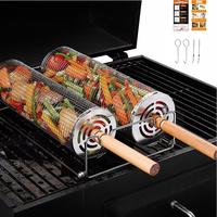 Stainless Steel Barbecue Basket, 1 Set Including 2 Counts Rotating Barbecue Net with Wooden Handle & Accessories, Barbecue Ac...