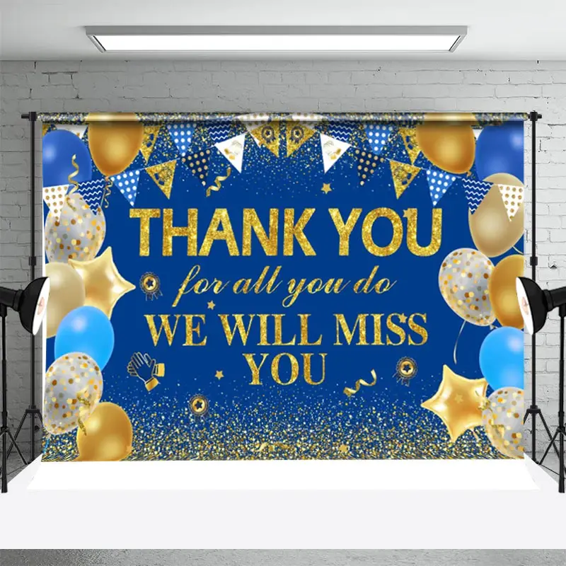 Miss You Golden Blue Balloon Flag Thank You Backdrop - Aperturee