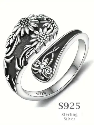 S925 Sterling Silver Fashionable Flower & Butterfly Design Cuff Ring, Casual Simple Style Adjustable Ring for Women & Men, Fa...