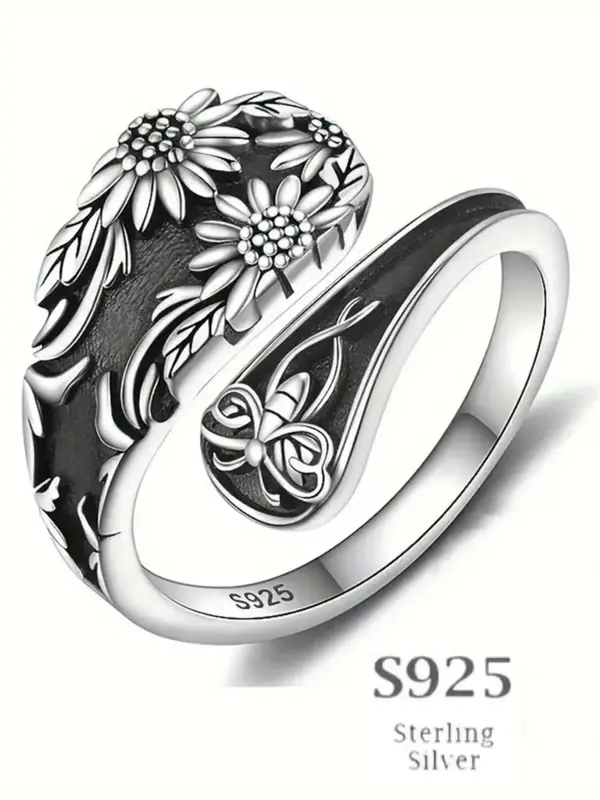 S925 Sterling Silver Fashionable Flower & Butterfly Design Cuff Ring, Casual Simple Style Adjustable Ring for Women & Men, Fa...