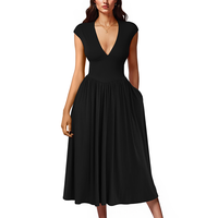 OYS Women's Summer Casual Deep V Neck Cap Sleeve Pleated Swing A Line Midi Dress With Pockets