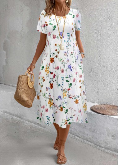 Modlily White Breathable Floral Print A Line Short Sleeve Dress - S