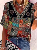Women's Ethnic Pattern V Neck Blouse, Boho Casual Short Sleeve Top for Summer, Ladies Clothes for Daily Wear, Womenswear