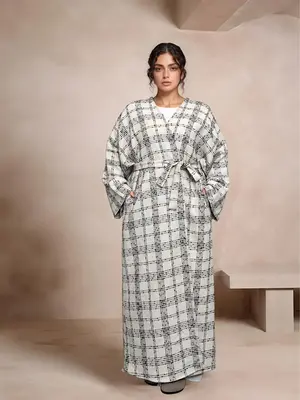 Women's Plaid Print Drop Shoulder Belted Pocket Robe, Casual Long Sleeve Open Front Robe for Fall & Winter, Women's Islamic C...