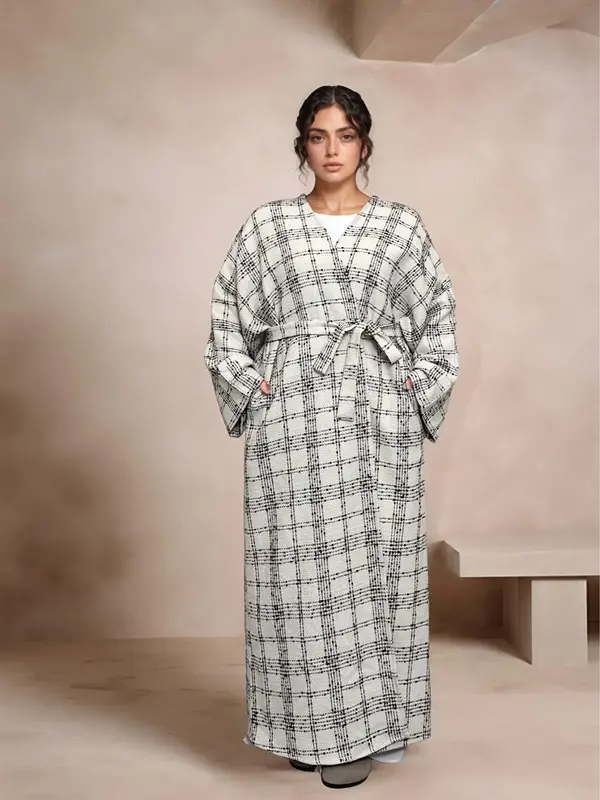 Women's Plaid Print Drop Shoulder Belted Pocket Robe, Casual Long Sleeve Open Front Robe for Fall & Winter, Women's Islamic C...