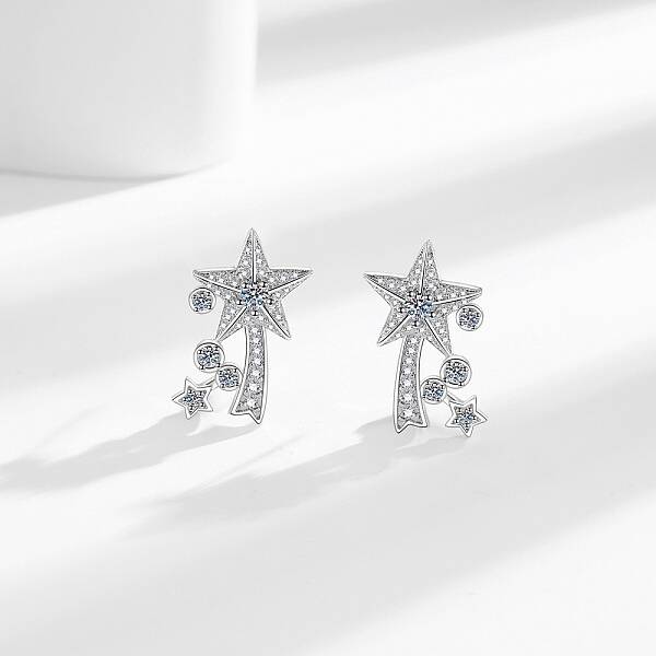 Brass Micro Pave Clear Cubic Zirconia Star Stud Earrings