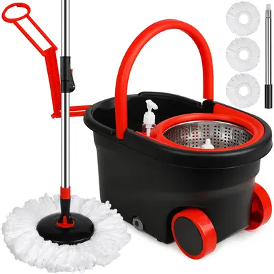 Stainless SteelĀ Spin Mop and Bucket with Wringer on Wheels,Ā 3 Microfiber Mop Replacement Heads, Black & Red HouseholdĀ Buck...