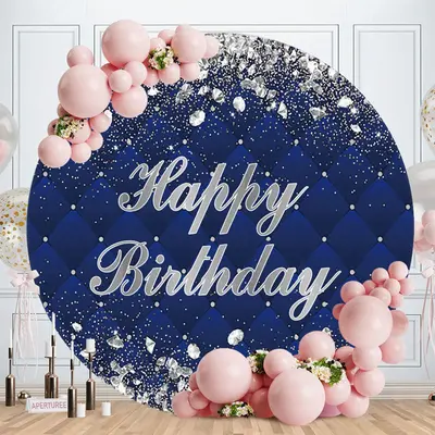 Aperturee Silver Diamonds Round Navy Blue Happy Birthday Backdrop | Round Party Backdrop | Birthday Backdrop Ideas | Birthday...