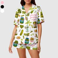Women's Pickle Print Satin Pajamas Set Printed Comfortable Satin Pajamas & Loungewear Pjs Short Sleeve Top & Shorts No Pocket...