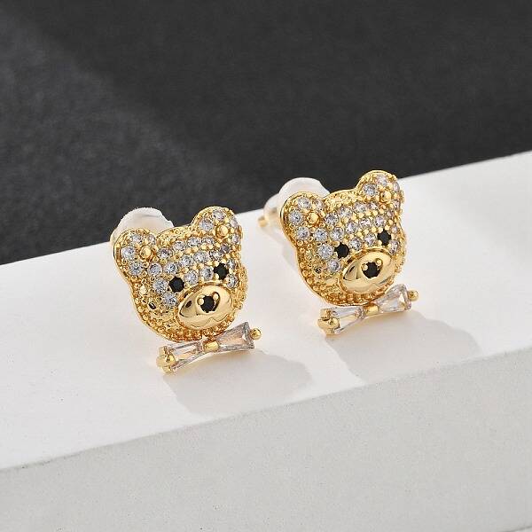 Bear Brass Micro Pave Clear Cubic Zirconia Stud Earrings